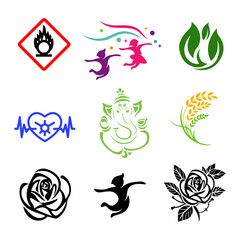 Collection of nine diverse vector logos and symbols on white background