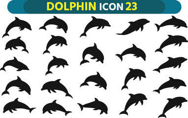 Naklejka premium Collection of black dolphin silhouettes in various dynamic poses and swimming actions isolated on white background