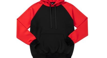 Black and red raglan sleeve hoodie with front pocket
