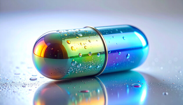 The Capsule of Innovation: A close-up view of a vibrantly colored pill, symbolizing the advancements in medication and healthcare, with a metallic finish and water droplets.