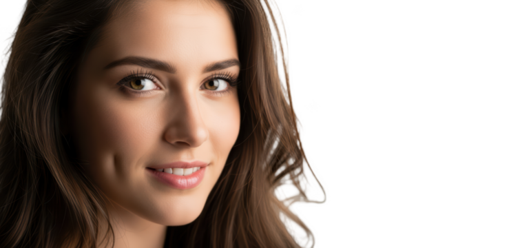 A close-up portrait of a young woman with long brown hair and a smile, against transparent background