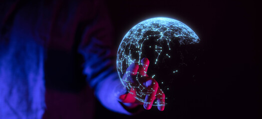 Abstract image of a person holding a digital sphere network, representing data, communication, and technological advancement.