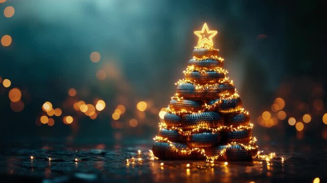 Christmas tree made of stacked tires with glowing star and fairy lights at night, creating a unique and festive atmosphere with a blurred background