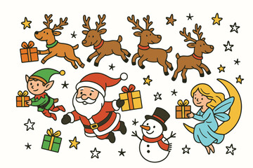 Whimsical christmas characters including santa claus reindeer elf snowman and angel