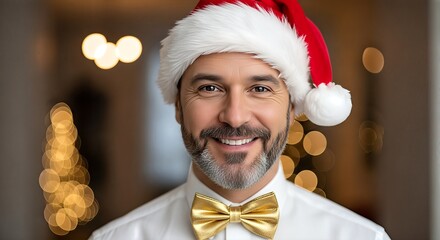 A smiling man wearing a Santa hat and a golden bowtie, with festive bokeh lights in the background.
