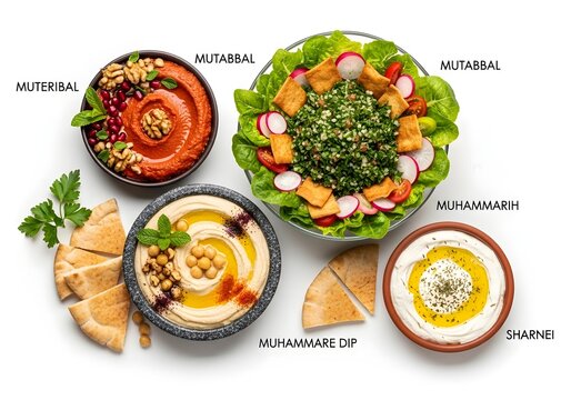 A vibrant collection of Middle Eastern meze: hummus, mutabbal, muhammara, fattoush, tabbouleh, and labneh. All isolated on pure white backgrounds, showcasing fresh ingredients and photorealistic.
