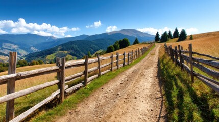 Scenic dirt path through a green valley with mountains in the background on a sunny day