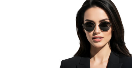 A woman with long dark hair wearing sunglasses and a black blazer, against transparent background