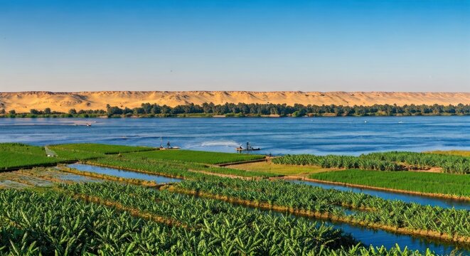 Vivid aerial view of a river flowing through lush green fields, desert backdrop under blue sky