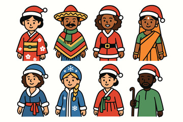 Diverse people in festive holiday attire celebrating christmas around the world