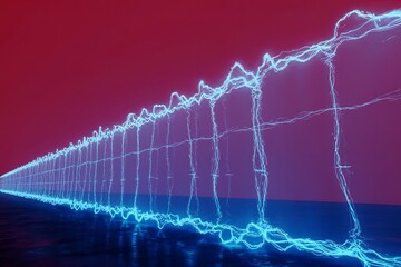 Futuristic technology abstract visualization with dynamic blue lines and pink background