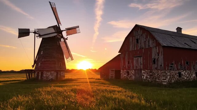 Rustic Windmill at Sunset with Vibrant Sky and Golden Grass