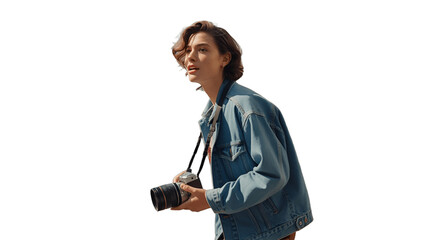 A woman photographer capturing a moment with a camera in a daylight setting.