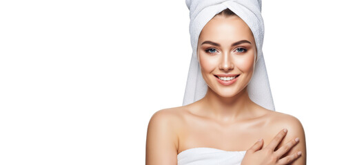 A woman with a towel wrapped around her head, smiling gently, against transparent background