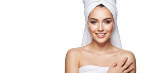 A woman with a towel wrapped around her head, smiling gently, against transparent background