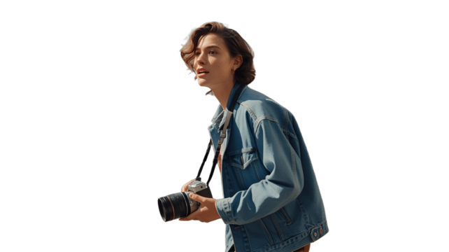 A woman photographer capturing a moment with a camera in a daylight setting.