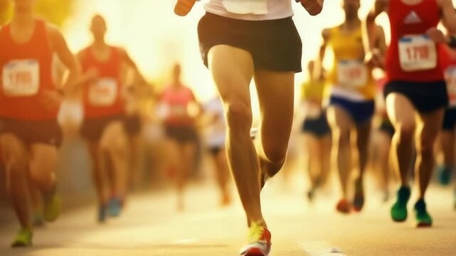 Group of marathon runners on the road at sunset