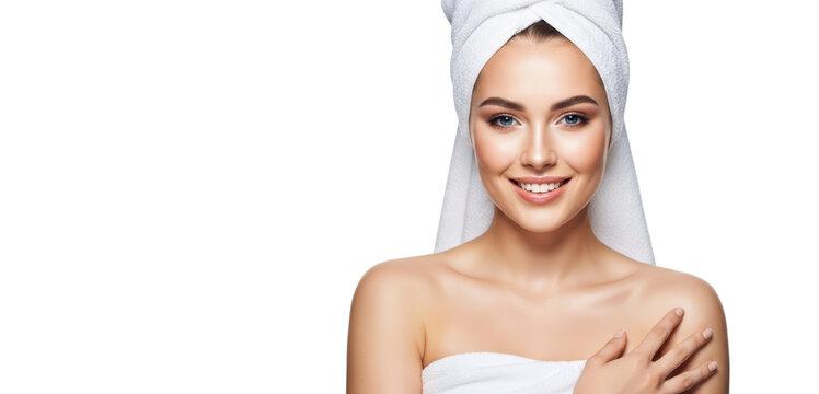 A woman with a towel wrapped around her head, smiling gently, against transparent background
