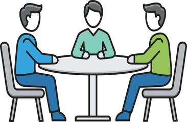 Team meeting illustration with three people around round table, collaboration concept, group discussion visual, and professional planning session design