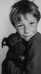 Obraz premium A young boy hugs a small puppy warmly, captured in a black and white photograph showcasing innocence and friendship.