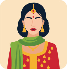 Indian woman wearing traditional attire red kurta green dupatta and gold jewelry accessory
