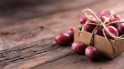 Fresh plums in a rustic box tied with jute string on a wooden surface in a warm, cozy setting