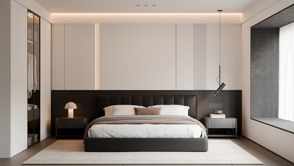 Modern Minimalist Luxury Black and White Bedroom Interior Frame Mockup - 3D Render
