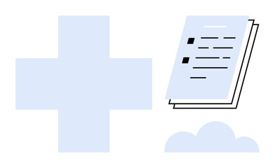 Obraz premium Large blue cross beside documents with checklist above a small cloud. Ideal for healthcare, digital records, cloud storage, telemedicine, efficiency, innovation, secure sharing. Simple flat metaphor