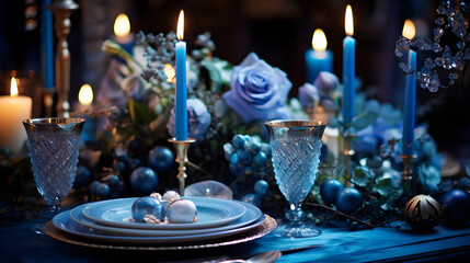 Elegant winter dinner table with blue candles, crystal glass, and floral decorations in soft candlelight