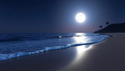 Night moon reflection on ocean water waves at the beach sunset