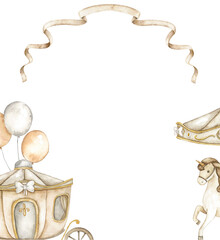 Watercolor frame with vintage carriage, carousel horse, pastel balloons, gold ribbon. Perfect for birthday invitation, baby announcement, memory book, greeting card, event photo, nursery wall art.