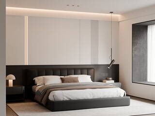 Modern Minimalist Luxury Black and White Bedroom Interior Frame Mockup - 3D Render
