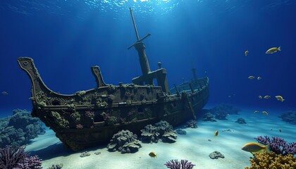 An underwater view of a pirate shipwreck in the blue ocean with shafts of sunlight
