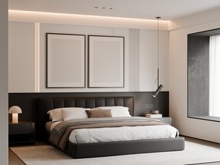 Modern Minimalist Luxury Black and White Bedroom Interior Frame Mockup - 3D Render
