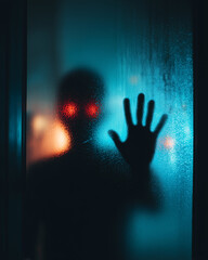 A mysterious silhouette with glowing red eyes, touching a foggy glass surface 