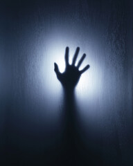 A shadowy hand silhouette pressed against a frosted surface, creating a mysterious and slightly eerie atmosphere. The image is captured in grayscale, focusing on the texture and form of the hand. 