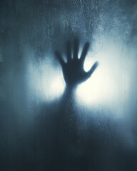 A hand silhouette pressing against the glass, evoking suspense and fear