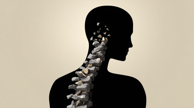 Silhouette of human head and spine show the bone condition. The image highlights a spine that is beginning to break down