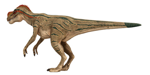 Illustration of a fearsome dinosaur in profile on white.