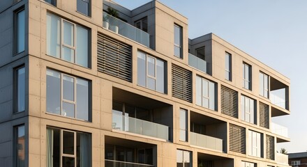 Obraz premium Modern Concrete Apartment Building Architecture Exterior Facade Urban Design Residential Housing Development with Balconies and Large Windows