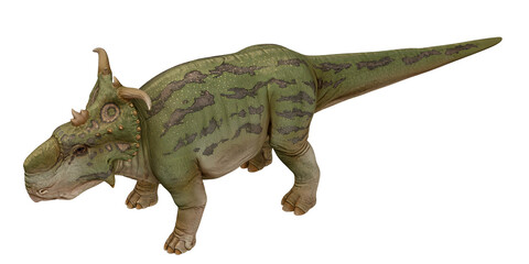 Green horned dinosaur on white background.