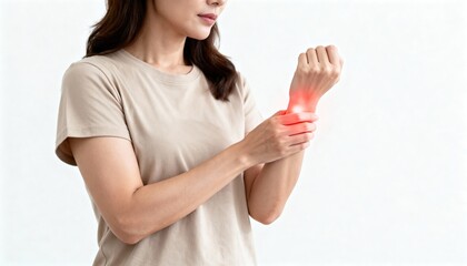 A young Asian woman with long dark hair holds her wrist, showing signs of discomfort. She wears a beige t-shirt and has a neutral expression.