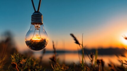Unique light bulb hanging outdoors at sunset with nature in the background creating a peaceful atmosphere