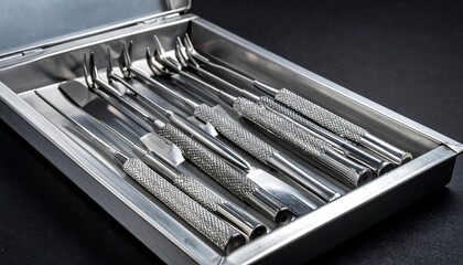 A professional set of stainless steel dental instruments for surgery in a metal tray.