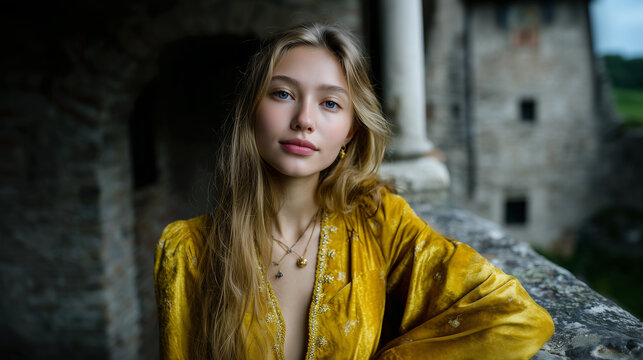 Portrait of a medieval young woman wearing an elegant velvet dress.