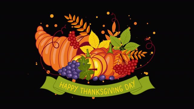 Happy Thanksgiving animation with cornucopia and pumpkins on alpha