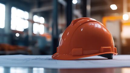 Orange safety helmet resting on architectural blueprints, symbolizing construction, safety protocols, and meticulous planning in industrial and building projects.