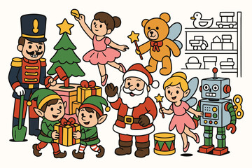 Christmas toys and characters gathered together for holiday cheer