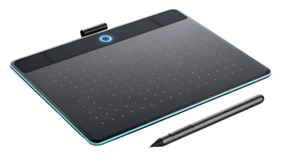 Flat drawing tablet with glowing touch area and pen beside it, isolated on transparent background.