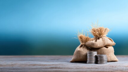 Stacks of coins next to burlap bags symbolizing savings and financial planning outdoors